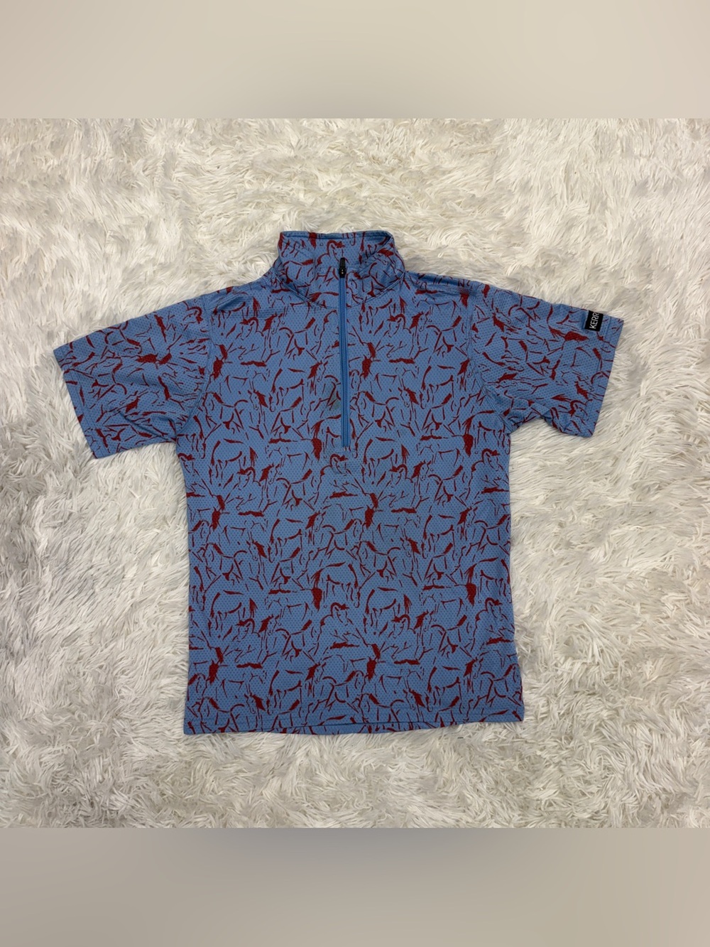 Child’s Medium Blue Horse Pattern Kerrits Short Sleeve Horseback Riding Sunshirt